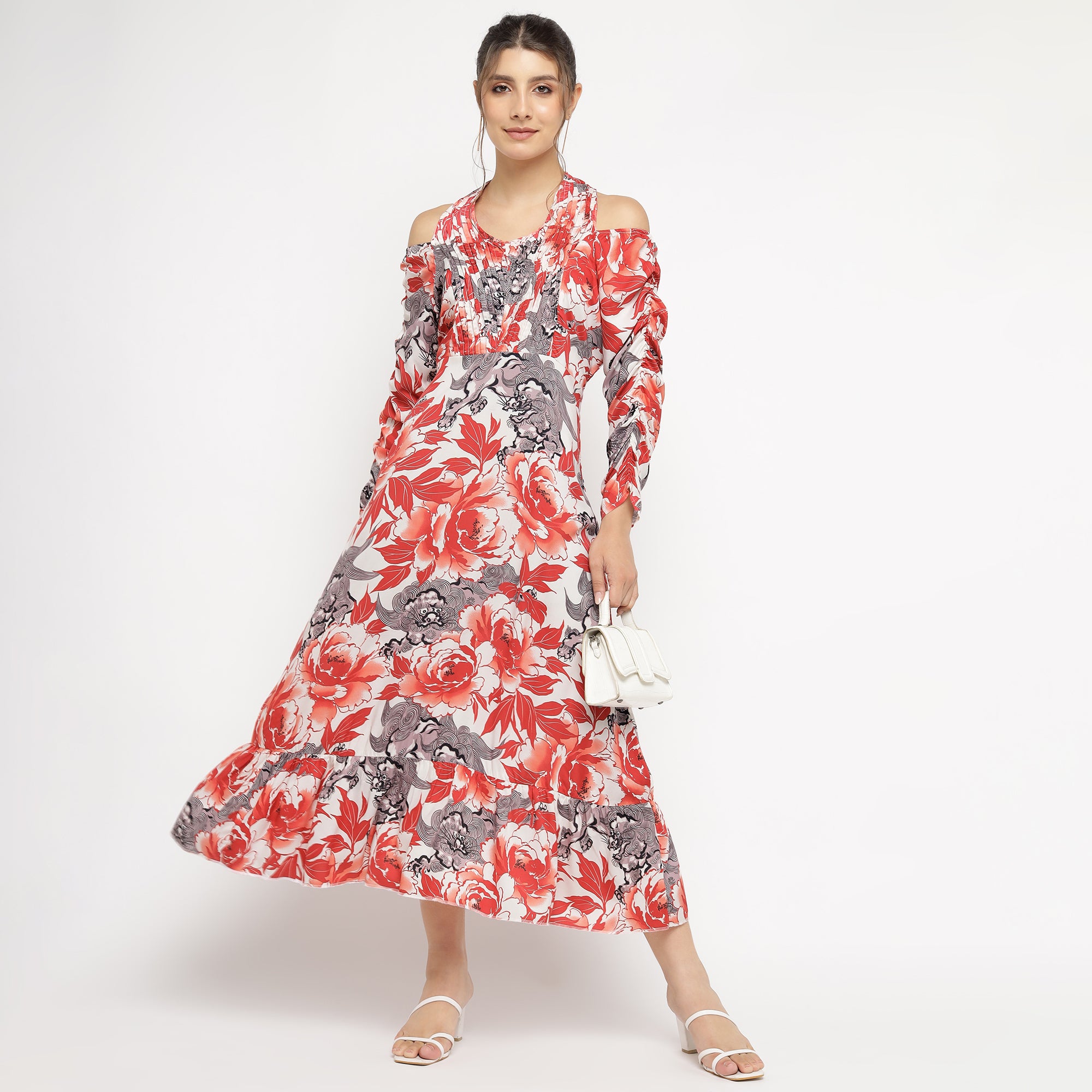 Fiery Red Floral Cold-Shoulder Maxi Dress